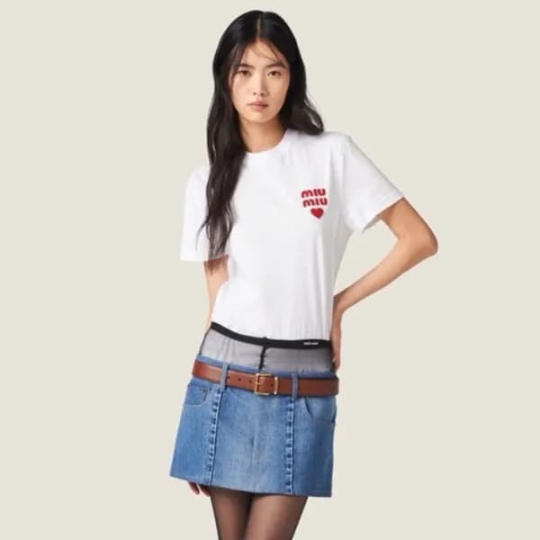 미우미우 여성 화이트 반팔 티셔츠 - Miumiu Womens White Tshirts -… - 1