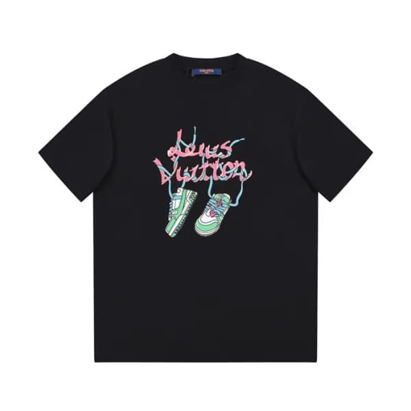 루이비통 남성 크루넥 블랙 반팔티 - Louis vuitton Mens Black Shor… - 1