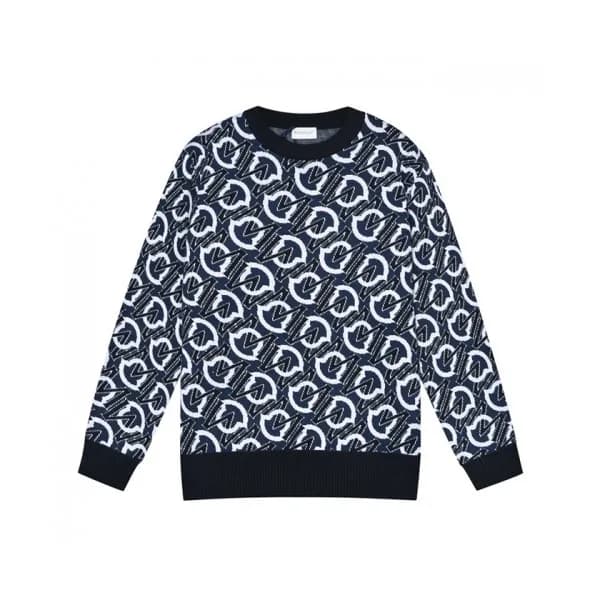 Moncler Mens Retro Logo Crew-neck Sweaters Blue -… - 1