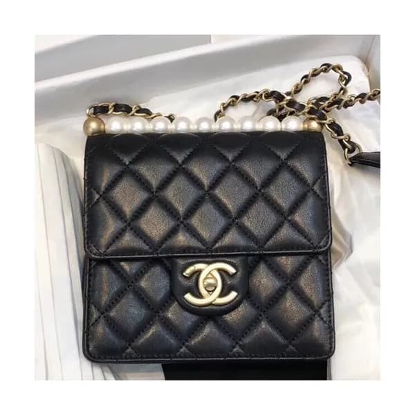 Chanel 2019 Leather Pearl Chain Shoulder Bag,15CM … - 1