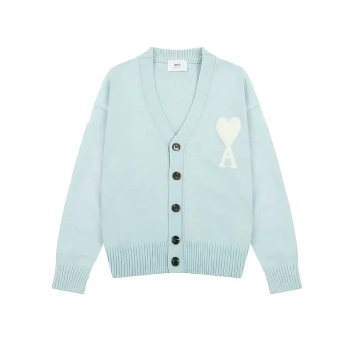 아미 남/녀 블루 브이넥 가디건 - Ami Unisex Blue Cardigan - amc… - 1