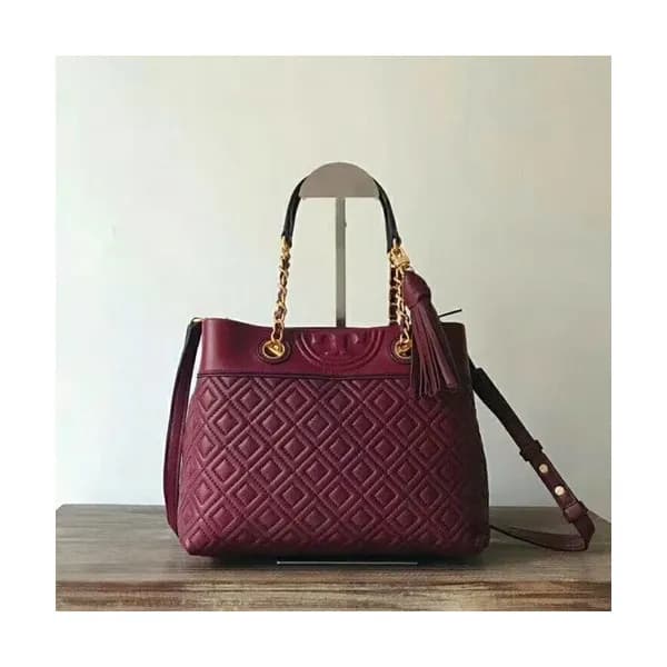 Tory Burch Leather Red Fleming Chain Tote Shoulder… - 1