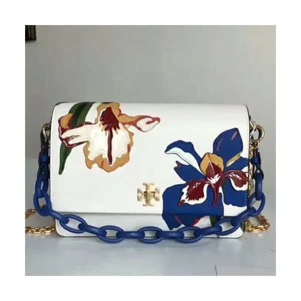 Tory Burch Kira Floral Double-Strap Leather White … - 1