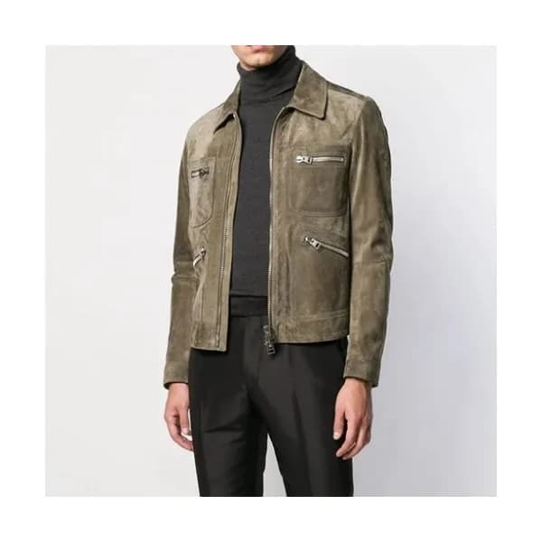 Tom Ford Mens Logo Casual Leather Jacket Khaki - … - 1