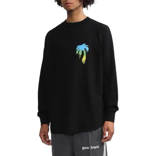 팜 엔젤스 남성 블랙 크루넥 긴팔티 - Palm Angels Mens Black Tshir… - 1