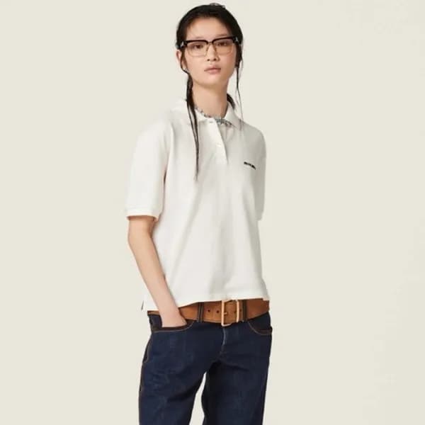 미우미우 여성 화이트 반팔 폴로 티셔츠 - Miumiu Womens White Tshirt… - 1
