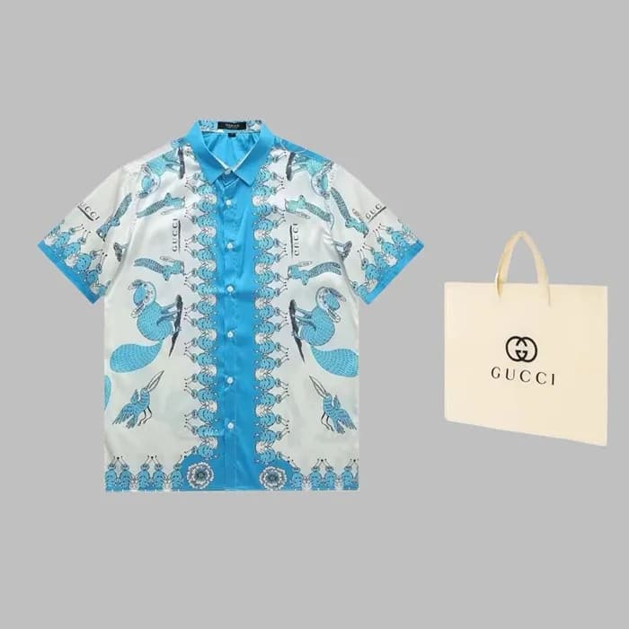 구찌 남성 트렌디 블루 반팔 셔츠 - Gucci Mens Blue Short sleeved… - 1