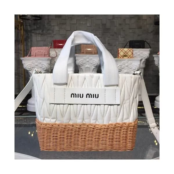 MiuMiu 2019 Nappa Leather and Wicker Bucket Tote S… - 1