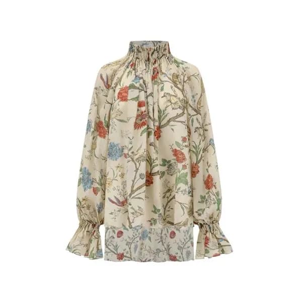 디올 여성 베이지 플로럴 프린트 롱 블라우스 - Dior Womens Beige Floral Print Cotton Long Blouse - dic16429x