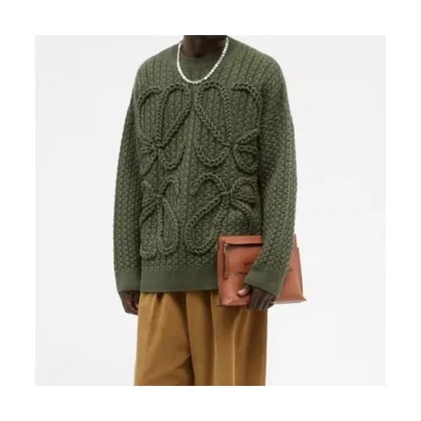 Loewe Mens Logo Crew-neck Wool Sweaters Green - 로에… - 1
