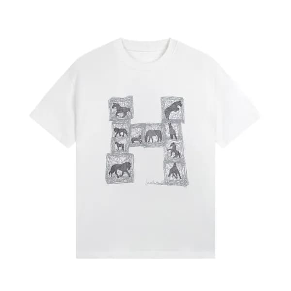 에르메스 남성 화이트 크루넥 반팔티 - Hermes Mens White Short slee… - 1