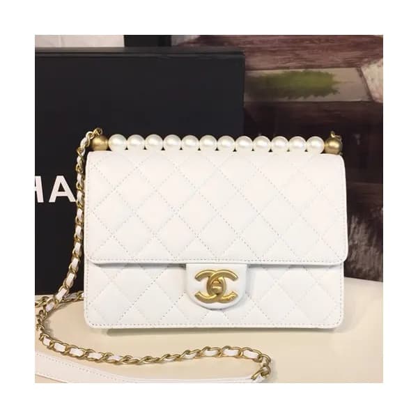 Chanel 2019 Leather Pearl Chain Shoulder Bag,21CM … - 1