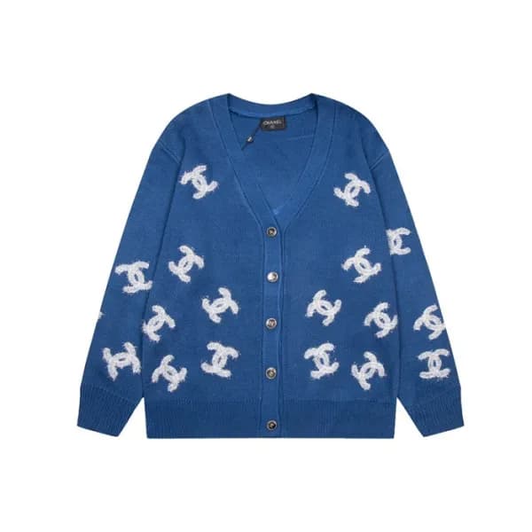 샤넬 남/녀 브이넥 블루 가디건 - Chanel Unisex Blue Cardigan - … - 1