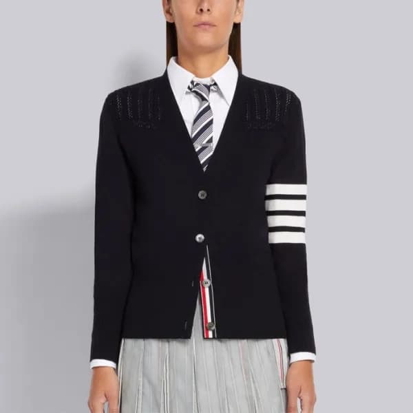 톰브라운 여성 브이넥 네이비 가디건 - Thom Browne Womens Navy Card… - 1