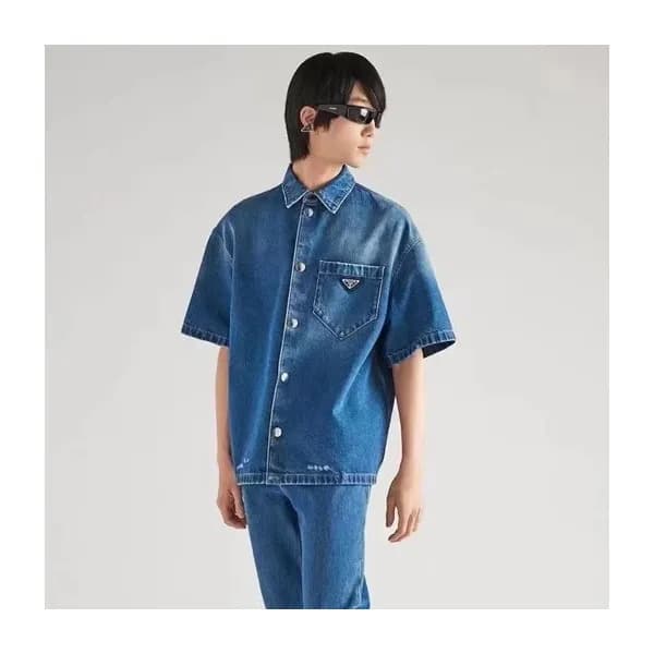프라다 남성 블루 폴로 반팔티 - Prada Mens Blue Short sleeved T… - 1
