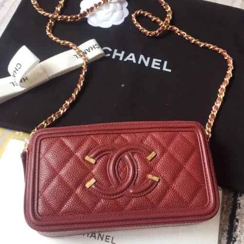 Chanel 2019 Leather Double Zip Chain Shoulder Bag … - 1