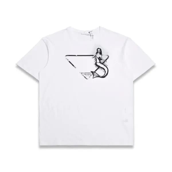 프라다 남자 크루넥 화이트 반팔티 - Unisex White Tshirts - Pra02… - 1