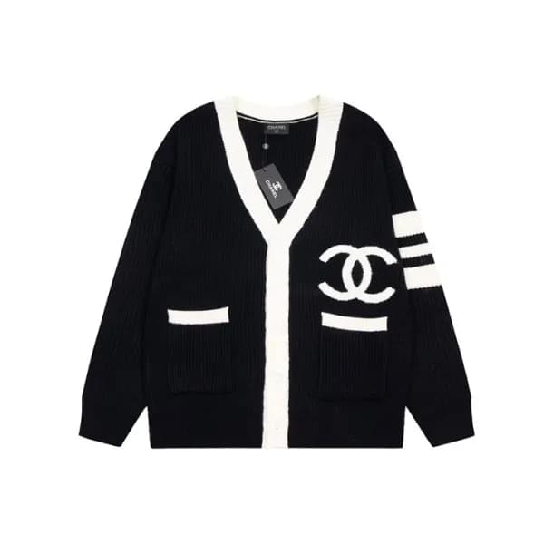 샤넬 남/녀 브이넥 블랙 가디건 - Chanel Unisex Black Cardigan -… - 1