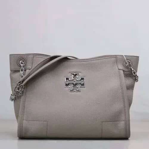 Tory Burch Leather Gray Britten Small Slouchy Tote… - 1