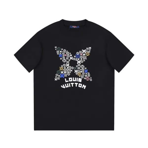 루이비통 남성 크루넥 블랙 반팔티 - Louis vuitton Mens Black Shor… - 1