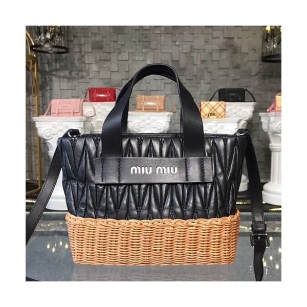 MiuMiu 2019 Nappa Leather and Wicker Bucket Tote S… - 1