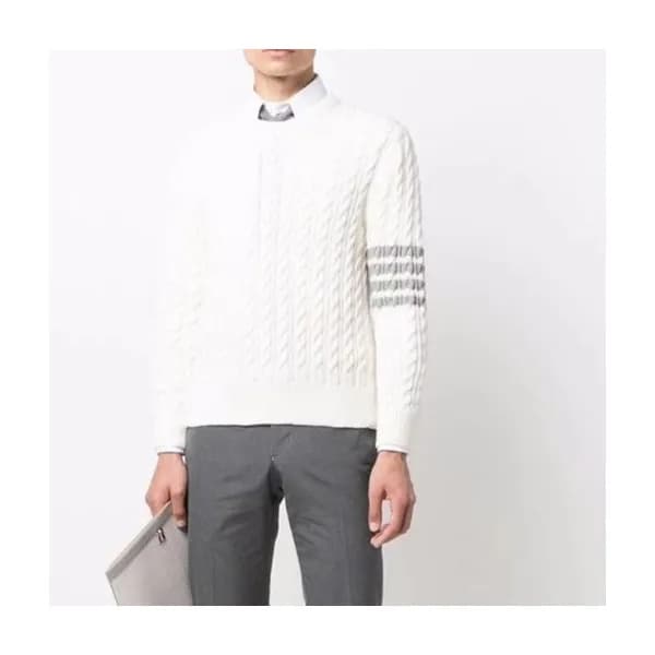 톰브라운 남성 화이트 크루넥 니트 - Thom Browne Mens White Knit -… - 1