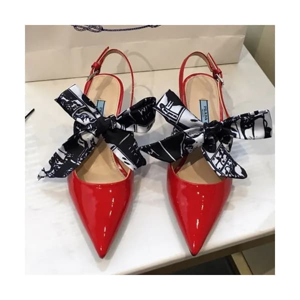 Prada 2019 Ladies Leather Ribbon Middle Heel Sling… - 1