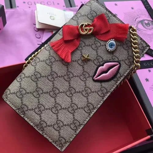 Gucci Jacquard Pink Lips Patch Chain Flap Shoulder… - 1