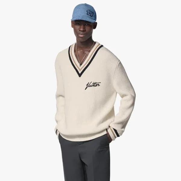 루이비통 남성 화이트 브이넥 니트 - Louis vuitton Mens White Swea… - 1