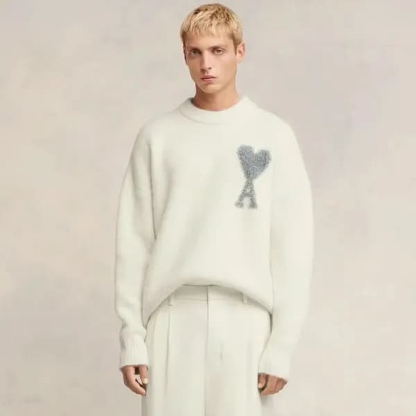 아미 남/녀 아이보리 크루넥 니트 - Ami Unisex Ivory Knits - amc1… - 1
