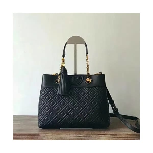 Tory Burch Leather Black Fleming Chain Tote Should… - 1