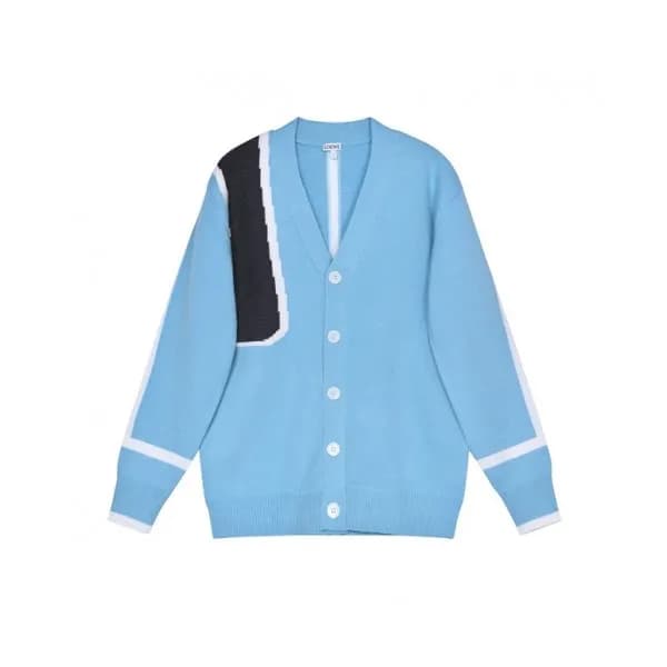Loewe Mens Logo Crew-neck Wool Cardigan Blue - 로에베… - 1