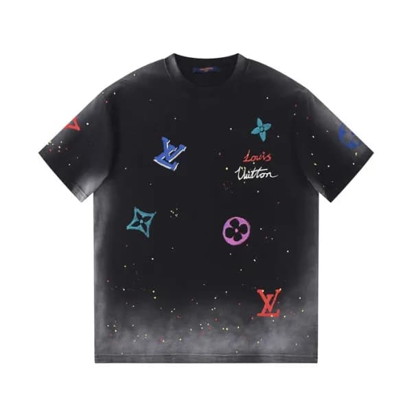 루이비통 남성 크루넥 블랙 반팔티 - Louis vuitton Mens Black Shor… - 1