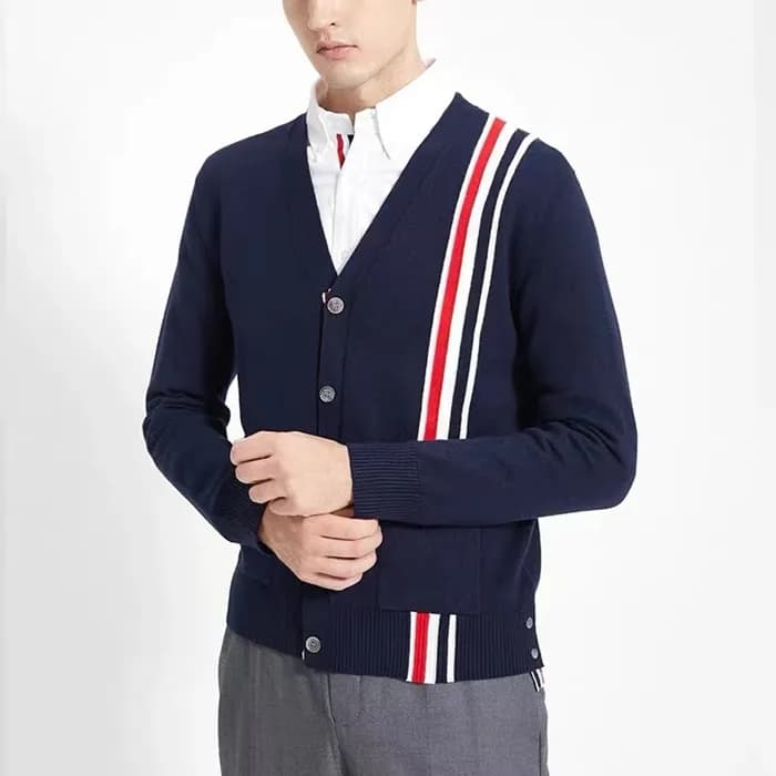 톰브라운 남성 브이넥 네이비 가디건 - Thom Browne Mens Navy Cardig… - 1