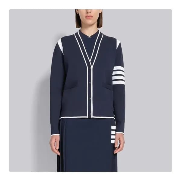 톰브라운 여성 브이넥 네이비 가디건 - Thom Browne Womens Navy Card… - 1