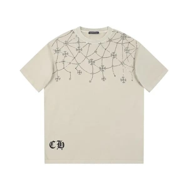 크롬하츠 남성 베이지 크루넥 반팔티 - Chrom Hearts Mens Beige Shor… - 1