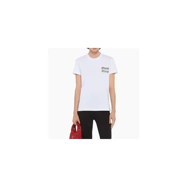 미우미우 여성 크루넥 화이트 반팔티 - Miumiu Ladys White short sle… - 1