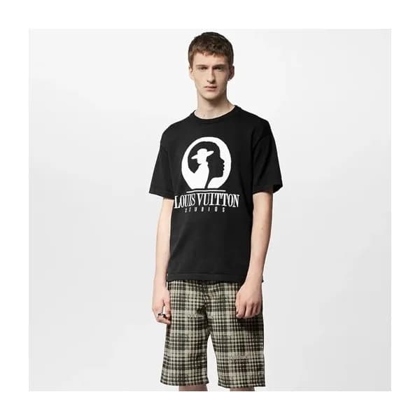 루이비통 남성 크루넥 블랙 반팔티 - Louis vuitton Mens Black Shor… - 1