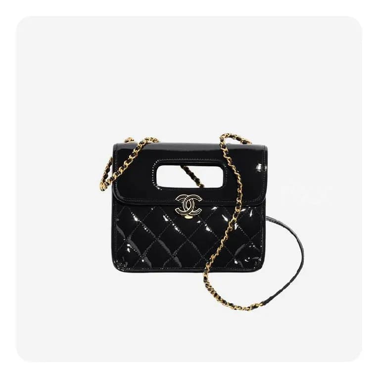 샤넬 핸들 장식의 미니 플랩백 페이턴트 카프스킨 & 골드 메탈 블랙- Chanel Hand… - 1