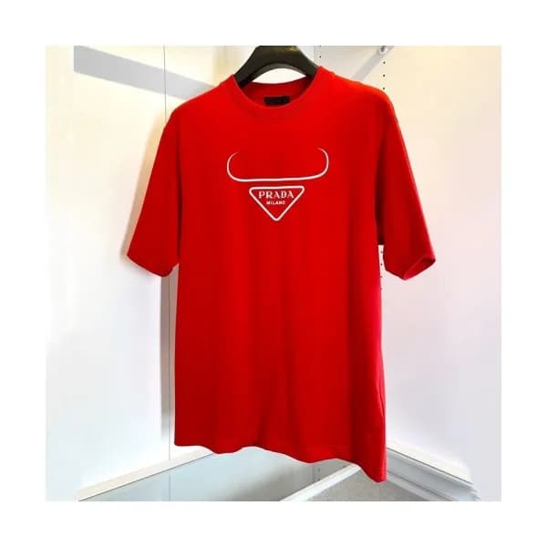 Prada Mens Basic Logo Short Sleeved Tshirts Red -… - 1
