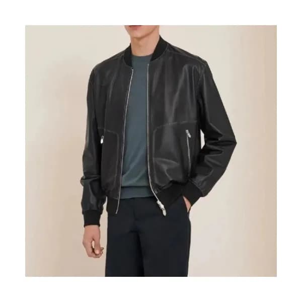 Hermes Mens Logo Casual Leather Jacket Black - 에르… - 1