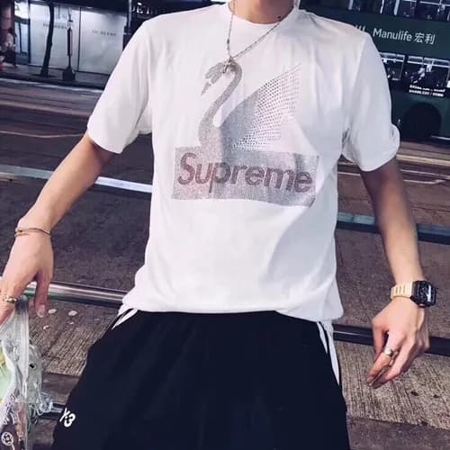 SUPREME& SWAROVSKI 2019 Mens Logo Cotton Short Sle… - 1