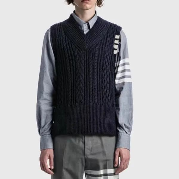 톰브라운 남성 브이넥 베스트 - Thom Browne Mens Navy Vest - tho… - 1