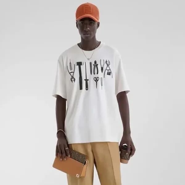 펜디 남성 화이트 반팔 티셔츠 - Fendi Mens White Tshirts - fec1… - 1