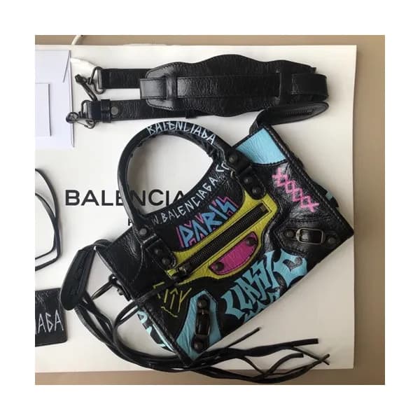 Balenciaga 2019 Graffiti Classic City Leather Smal… - 1