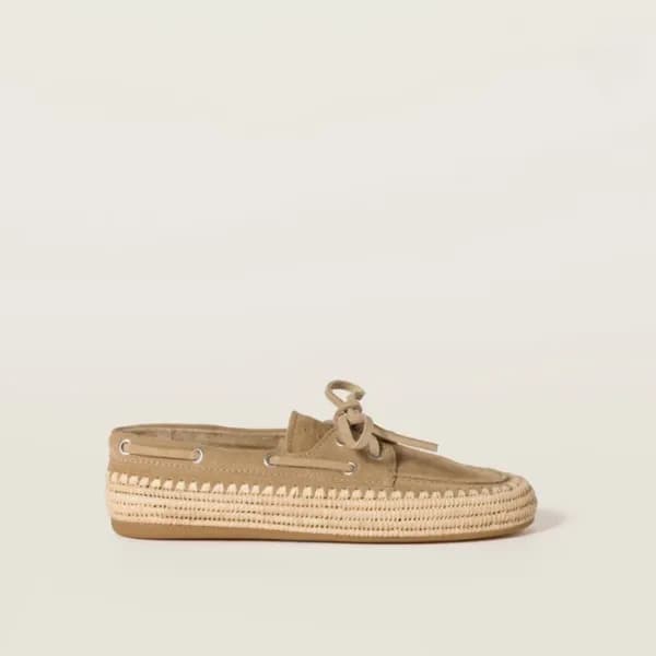 미우미우 여성 스웨이드 라피아 보트 슈즈 - Miumiu Womens Suede Raffi… - 1