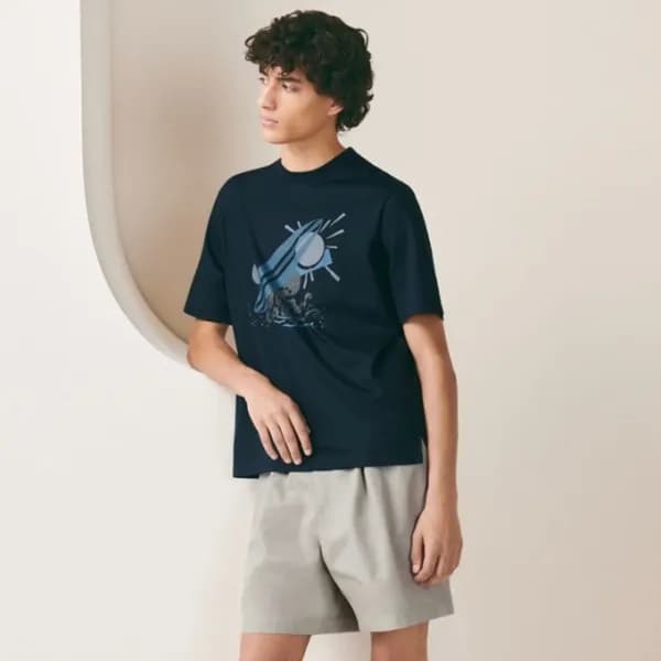 에르메스 남성 네이비 크루넥 반팔티 - Hermes Mens Navy Short sleev… - 1