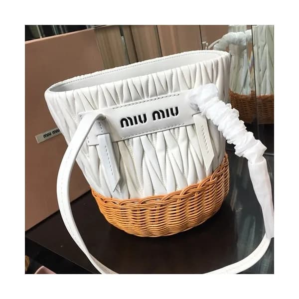 MiuMiu 2019 Nappa Leather and Wicker Bucket Tote S… - 1