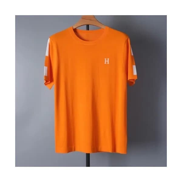 Hermes Mens Crew-neck Short Sleeved Tshirts Orang… - 1