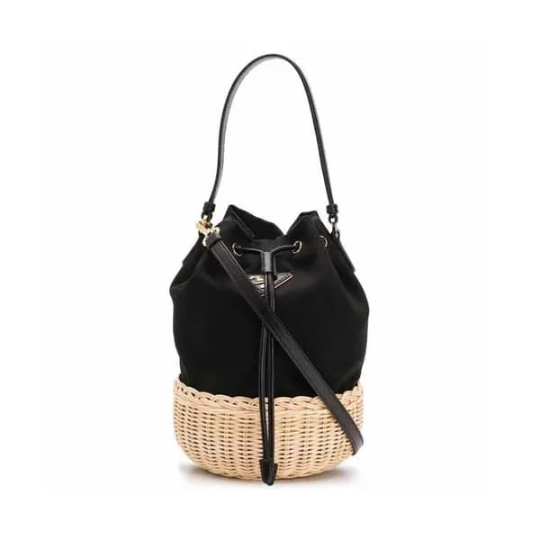Prada 2019 Canvas & Rattan Hemp Bucket Tote Should… - 1